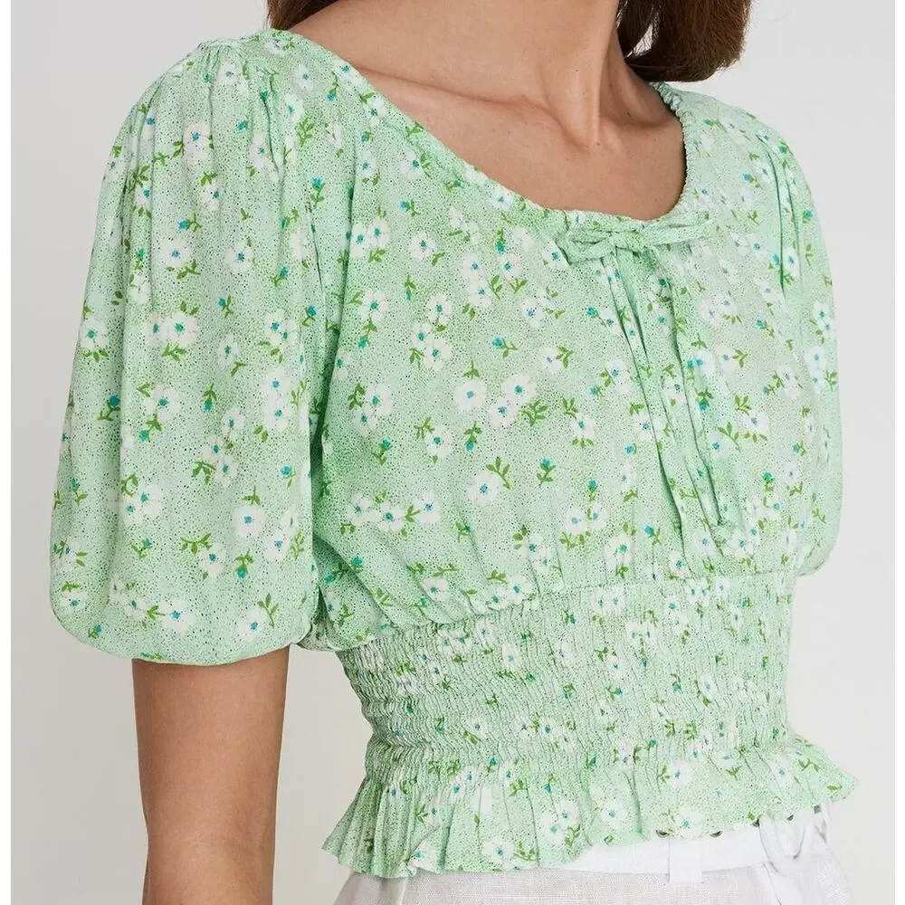 NWT Faithfull The Brand Anne Laure Smocked Puff Sleeve Shirt Top Merci Floral